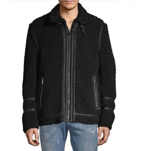 Karl Lagerfeld Paris Men Black Faux Shearling Aviator Jacket - Picture 6 of 13